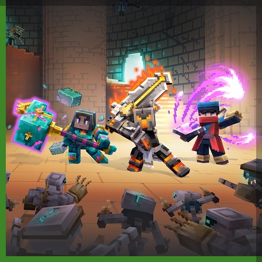 Minecraft heroes battle skeletal enemies in a torch-lit dungeon, wielding a glowing sword, axe, and magic.