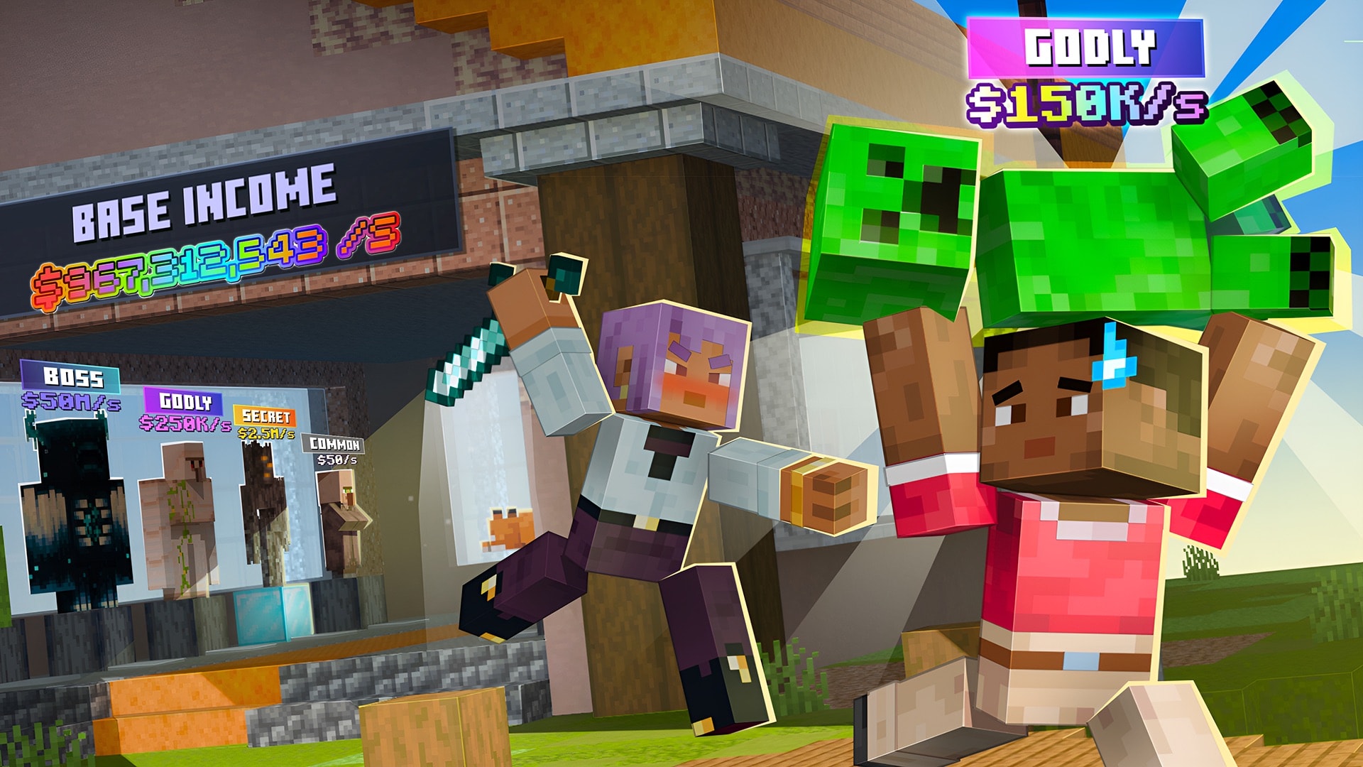 Minecraft player carrying off a creeper tagged "Godly $150K/s" while a sword-wielding player chases them, past a display of mobs priced by rarity under a "Base Income" sign.