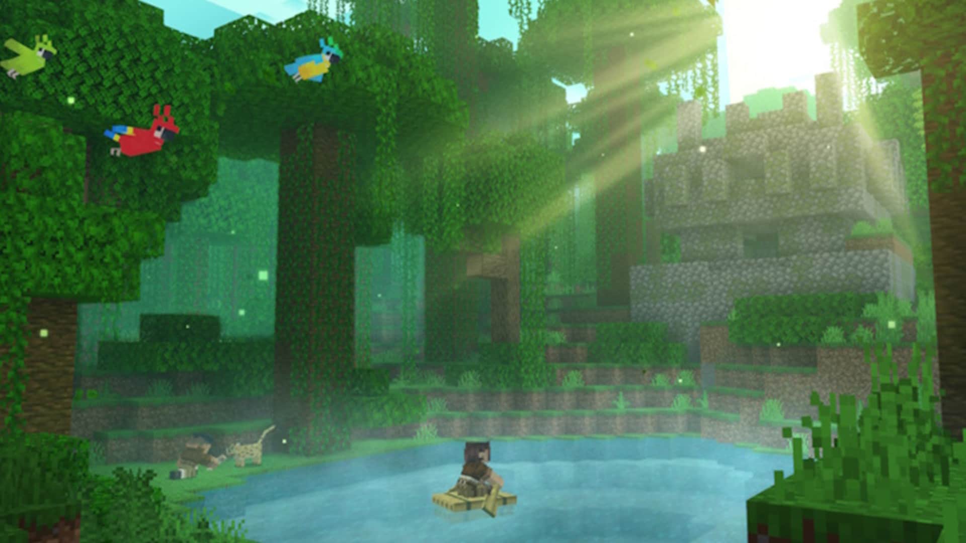 A nature scene in a forest with a person on a raft in the middle of a lake.