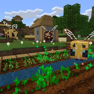 Three bees hover over a farm, pollinating crops as a village stands in the background