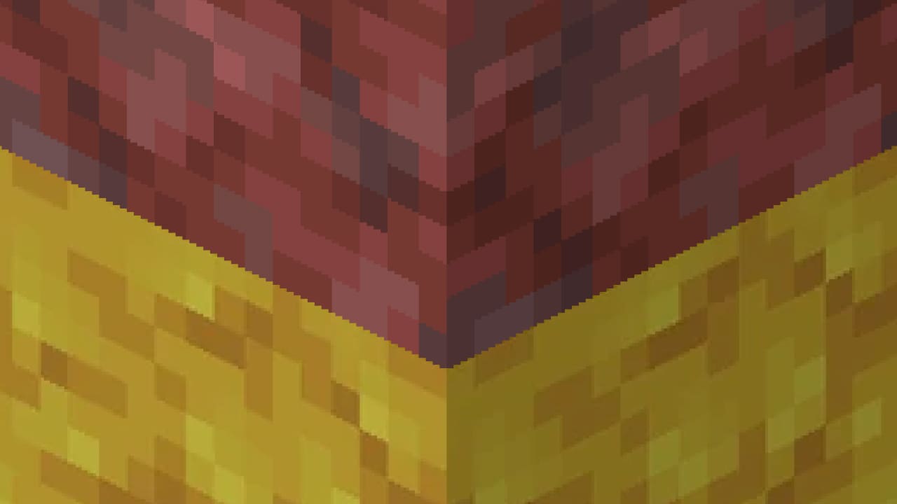 Close-up of red sulfur and gold cinnabar blocks.