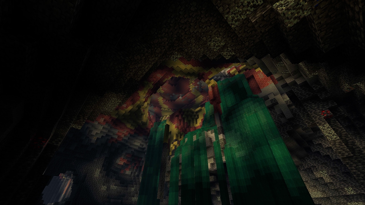 A vast cavern opens overhead with towering green crystal formations rising from the cave floor.