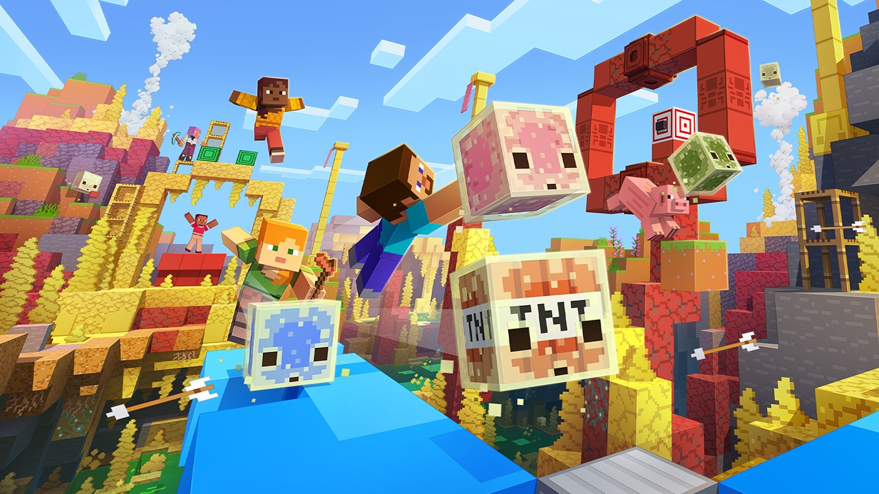 Des personnages de Minecraft courent sur des blocs de soufre colorés tandis que des cubes de soufre contenant de la glace, de la lave et de la TNT rebondissent dans la scène.