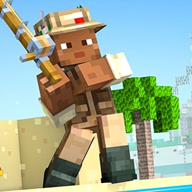 Minecraft character in safari gear fishing on a sunny beach with a palm tree in the background.