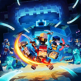 Heroes battle monsters in a glowing blue dungeon.