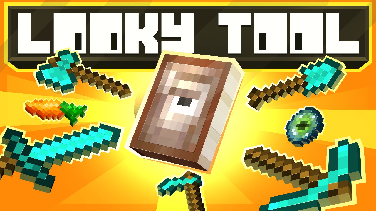 A glowing brown book with a single eye on its cover shines at the center, surrounded by bright turquoise tools and weapons. Bold text reading “LOOKY TOOL” appears above the items against a vibrant yellow background.