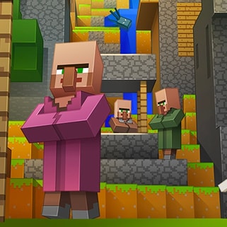 Minecraft villagers roam about a wood and cobblestone village.