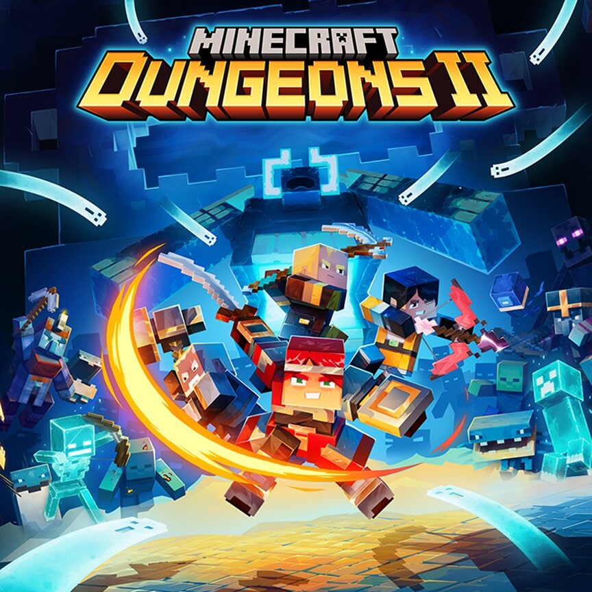 Minecraft Dungeons II 标识位于发光蓝色地牢中英雄与怪物战斗场景的上方。