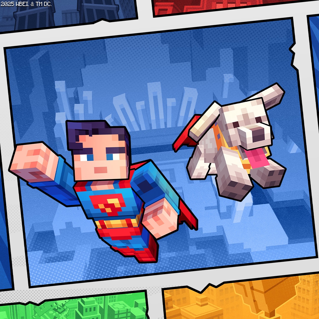 Superman ja Krypto-superkoira lentävät värikkäästä sarjakuvatyylisestä kohtauksesta.