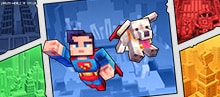 Superman ja Krypto-superkoira lentävät värikkäästä sarjakuvatyylisestä kohtauksesta.