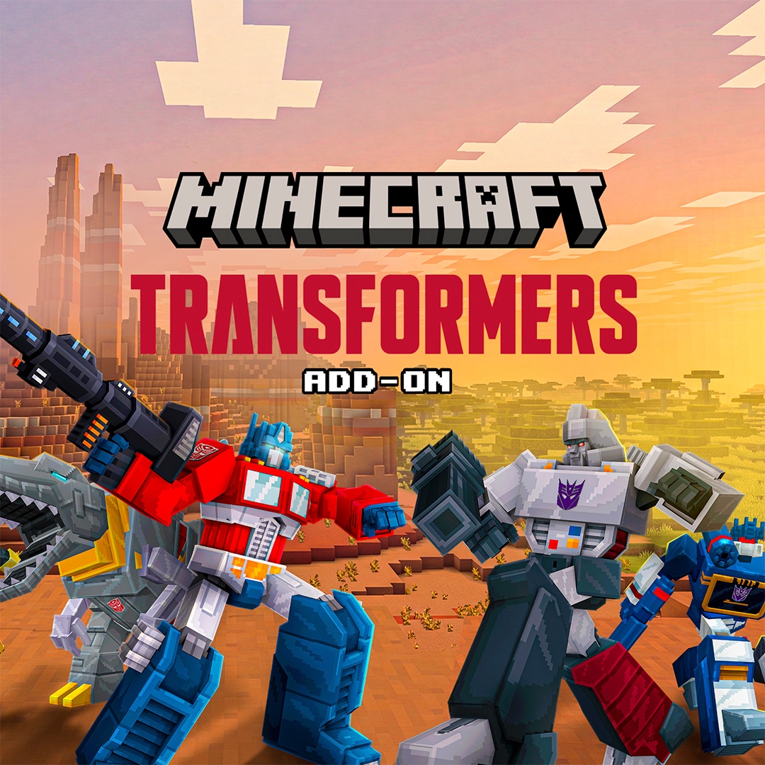 Minecraft Transformers Add-On featuring Optimus Prime, Megatron, Bumblebee, Starscream, Soundwave, and other Transformers characters in a Minecraft desert landscape.