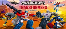 Minecraft Transformers Add-On featuring Optimus Prime, Megatron, Bumblebee, Starscream, Soundwave, and other Transformers characters in a Minecraft desert landscape.