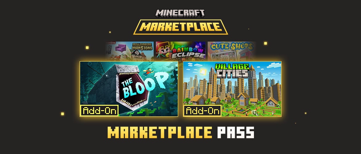 Wide Minecraft Marketplace Pass banner showcasing The Bloop and Village Cities add-ons with featured September content previews.