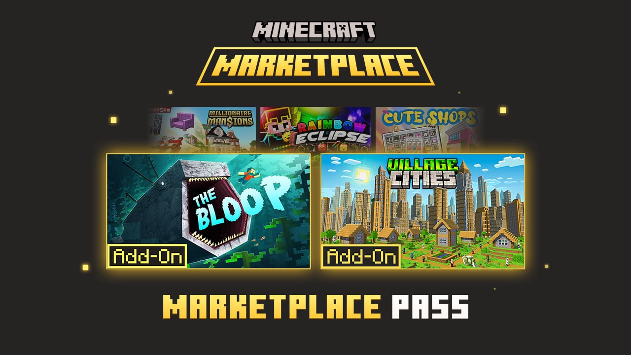 Minecraft Marketplace Pass promotional graphic highlighting The Bloop and Village Cities add-ons among September's featured content.