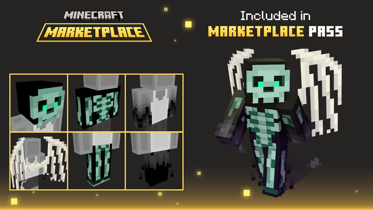 Minecraft Marketplace Pass promotional image featuring a skeletal-themed character skin with wings and glowing cyan accents.