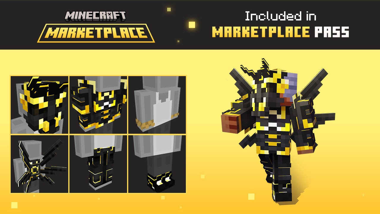 Minecraft Marketplace Pass image showing dark gold Character Creator items, including armor, mask, wings, and accessories.