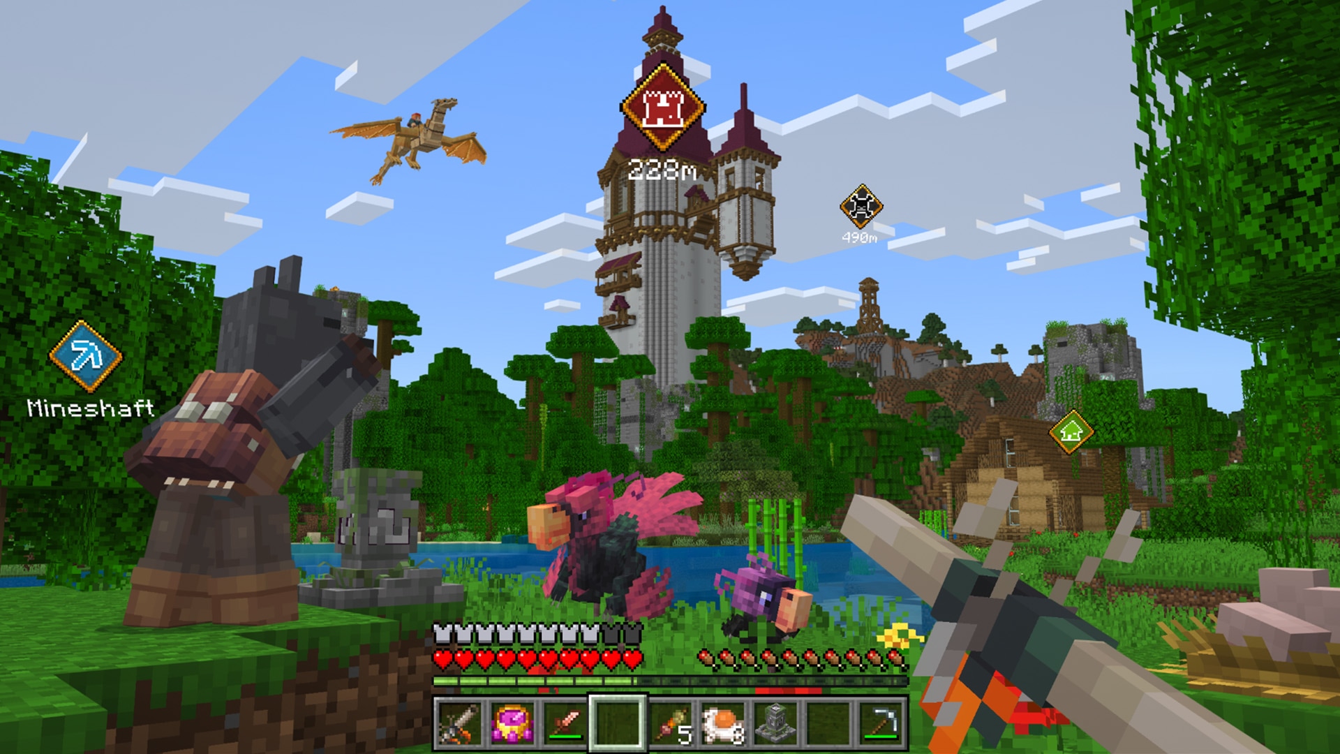 A screenshot of a variety of creatures inside a forest with a castle in the background