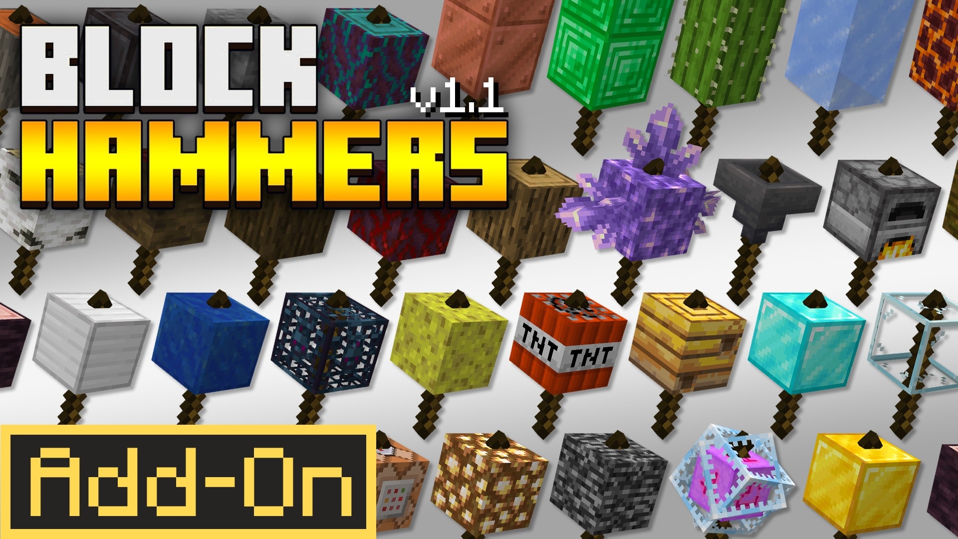Promotional image for Block Hammers showing many Minecraft blocks mounted on hammer handles.