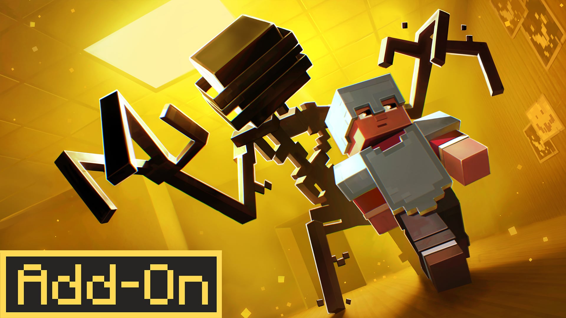 A Minecraft player in iron armor sprints from a tall shadowy creature through a yellow-lit Backrooms hallway.