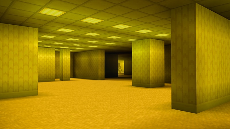 A vast maze of yellow rooms and pillars stretches under fluorescent lights, with a faint figure visible in a distant doorway.