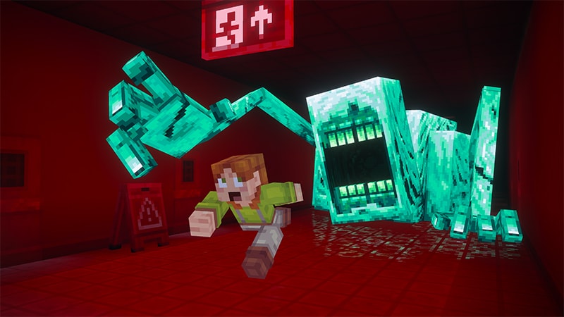 A player runs through a red-lit corridor while large glowing creatures with gaping mouths give chase.