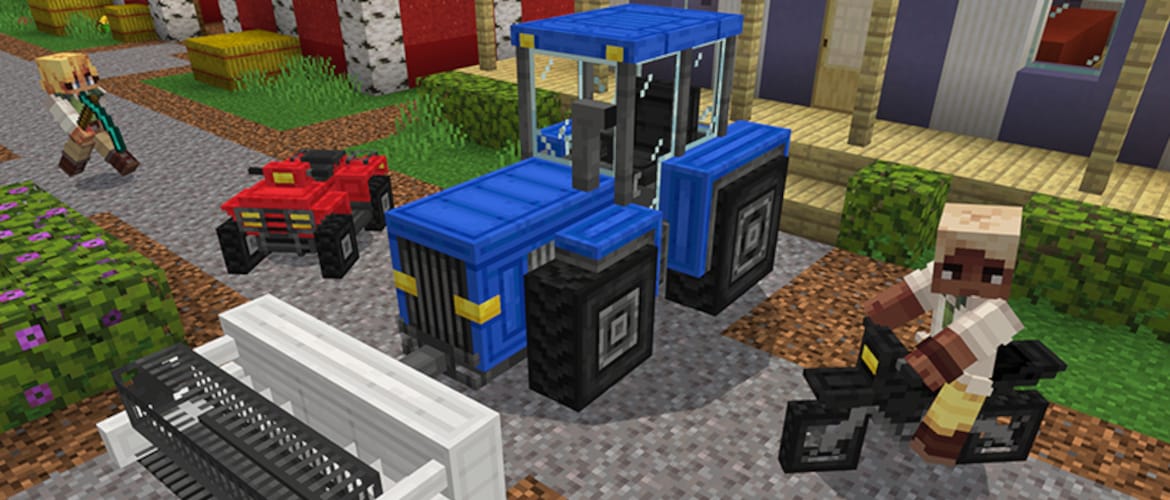 Minecraft farming scene featuring a blue tractor, ATV vehicles, and villagers traveling through a colorful farm village.