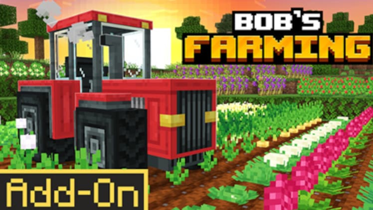 Red tractor parked beside rows of colorful crops in a thriving farm. The Bob’s Farming add-on logo appears in the corner.