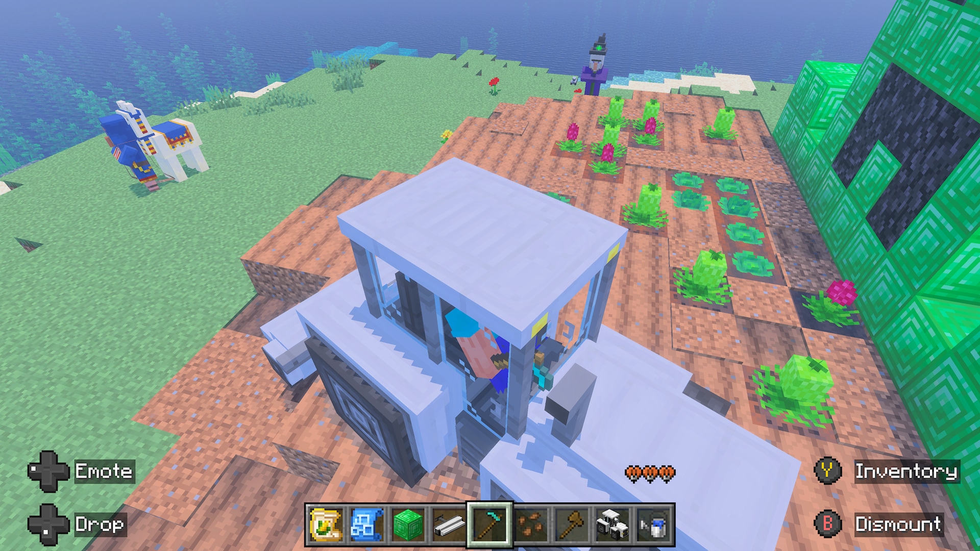 A player drives a white tractor through crop fields while a wandering trader and llama stand nearby.