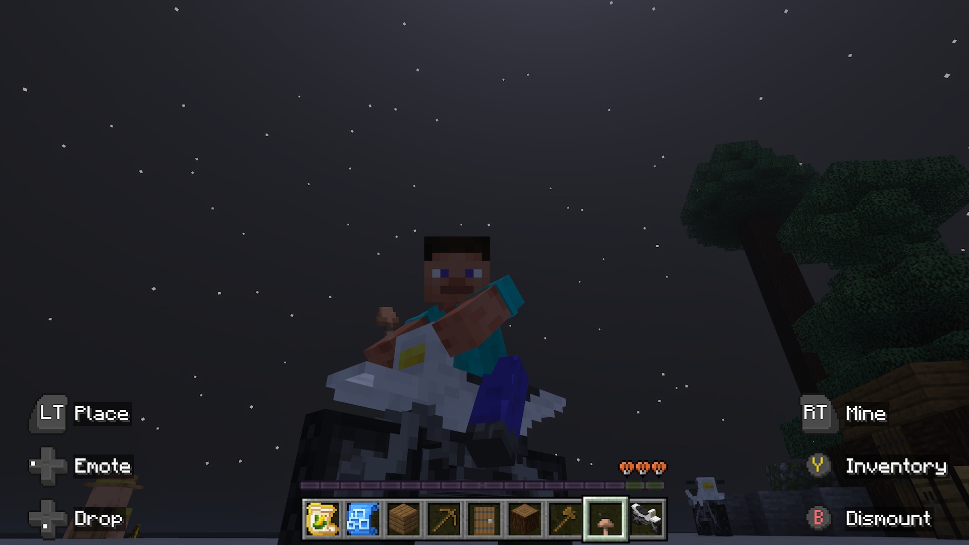 A player rides a small farming vehicle at night beneath a starry sky, holding a mushroom while seated.