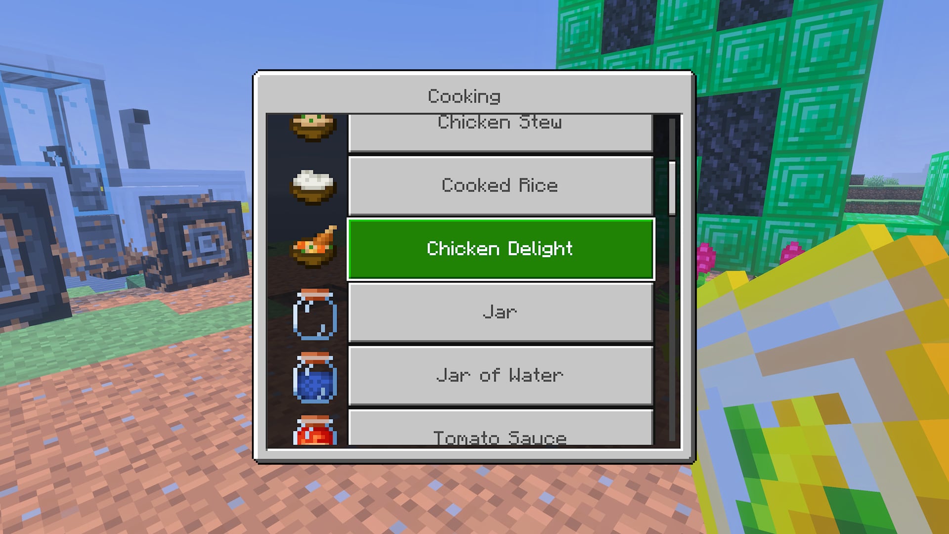 Minecraft cooking menu displaying food recipes, with Chicken Delight selected.