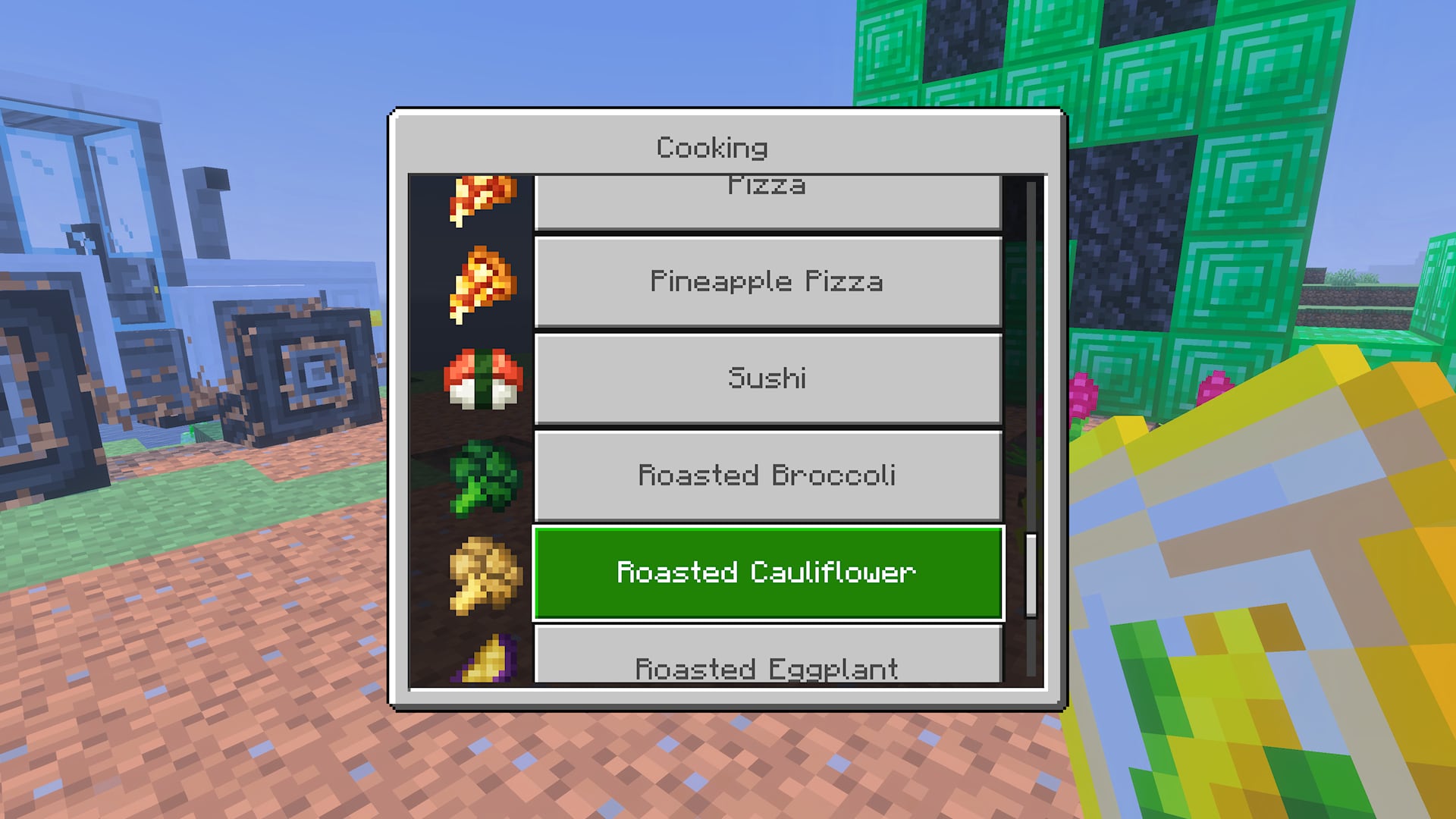 Minecraft cooking menu displaying food recipes, with Roasted Cauliflower selected.