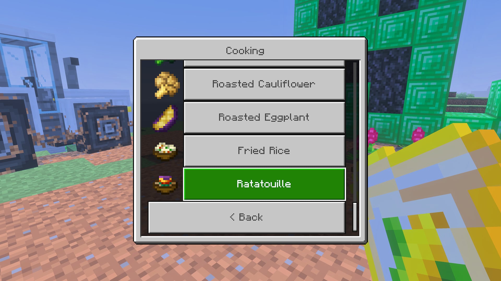Minecraft cooking menu displaying food recipes, with Ratatouille selected.