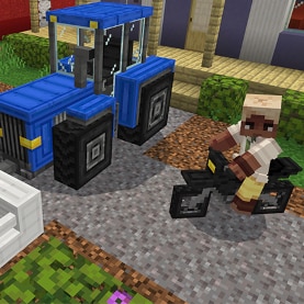 Minecraft character riding a small vehicle past a blue tractor on a farm road in a colorful, blocky village setting.