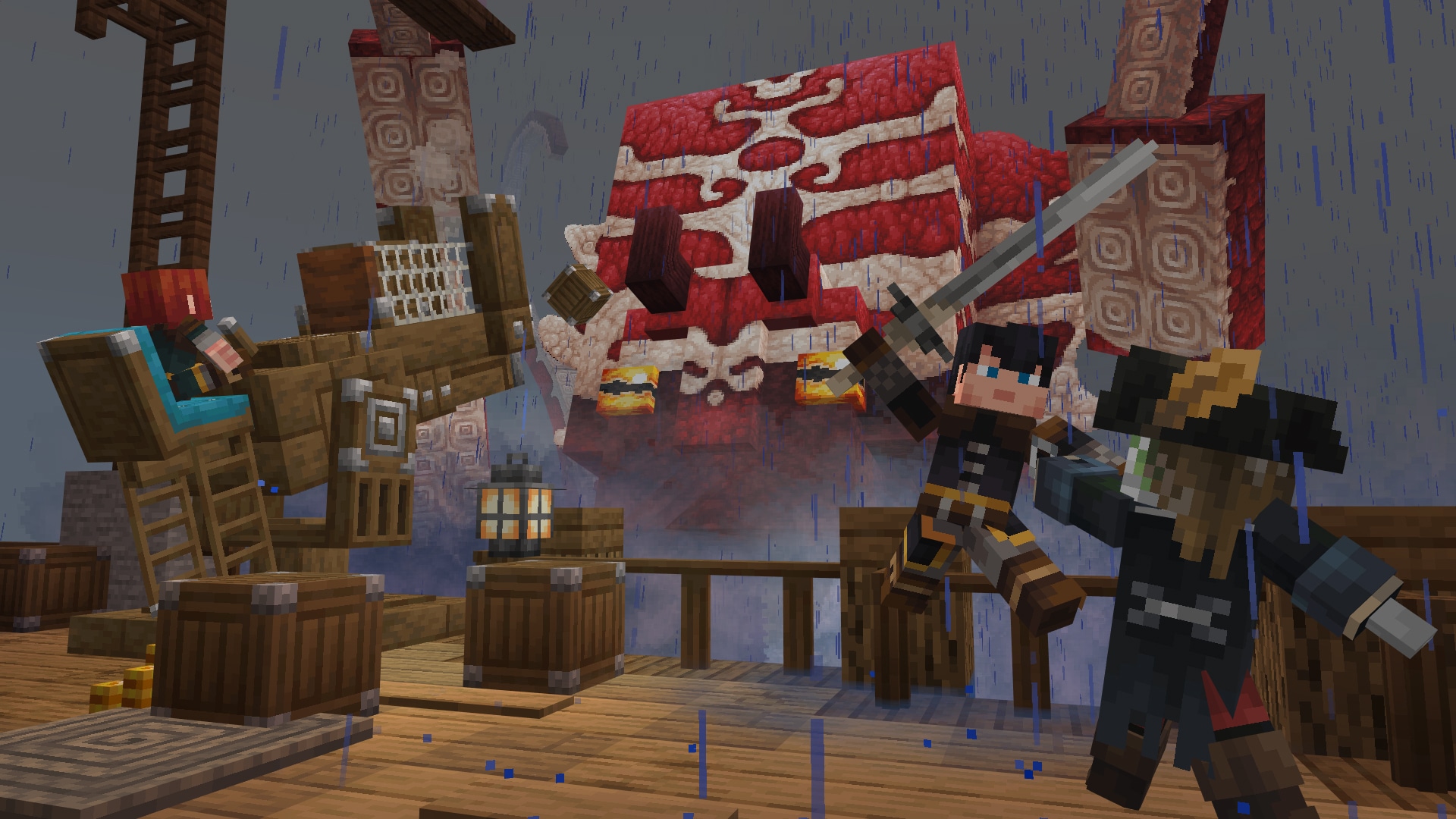 Several players on a ship fighting a giant crab-like creature emerging from the sea.