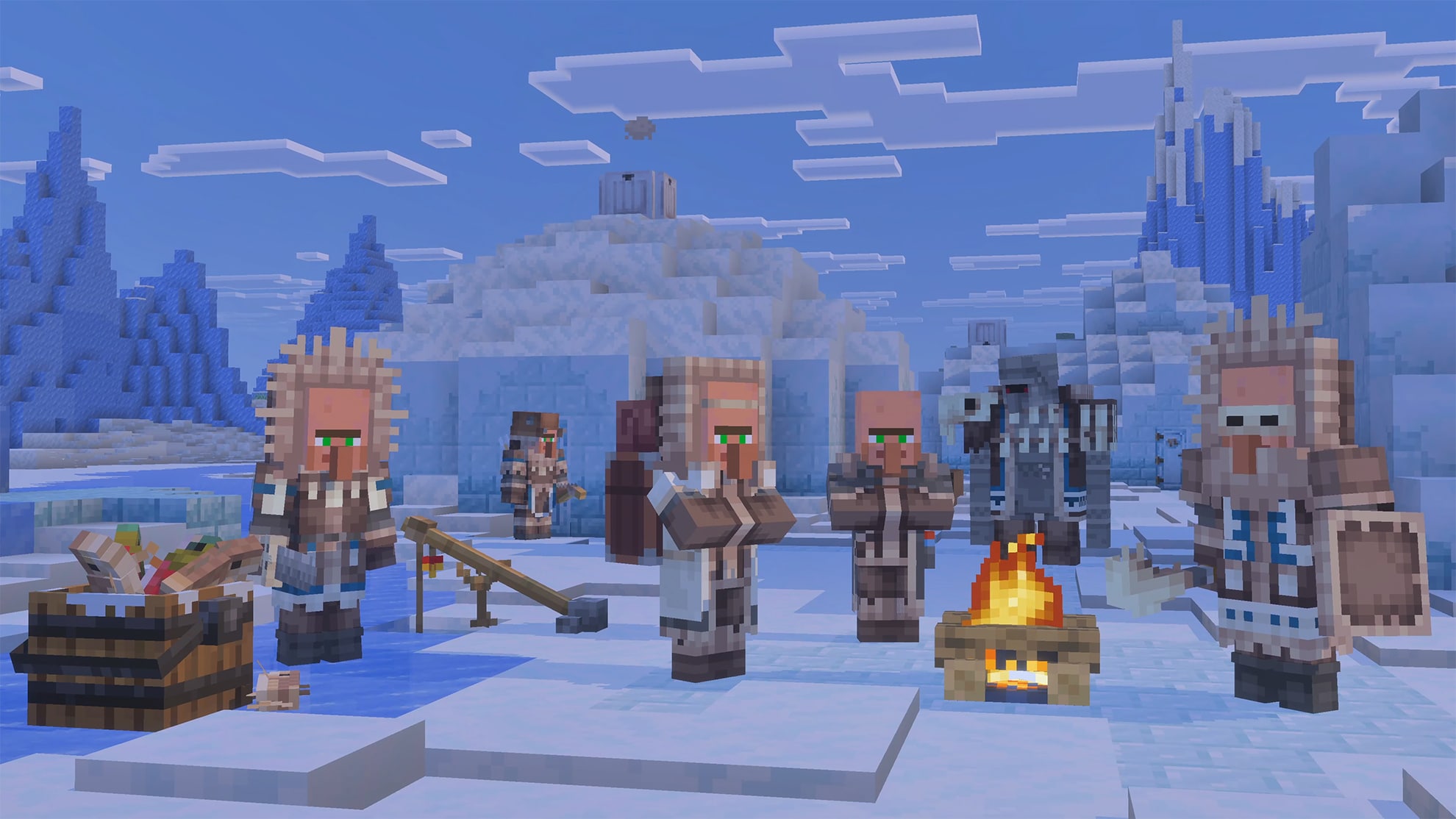 Villagers in winter clothing gather around a fire in a snowy settlement surrounded by ice structures and frozen scenery.