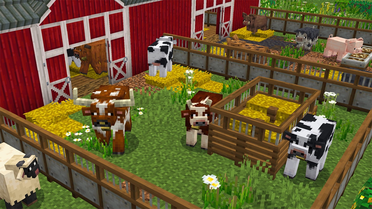 Cows next to a barn with sheep near them