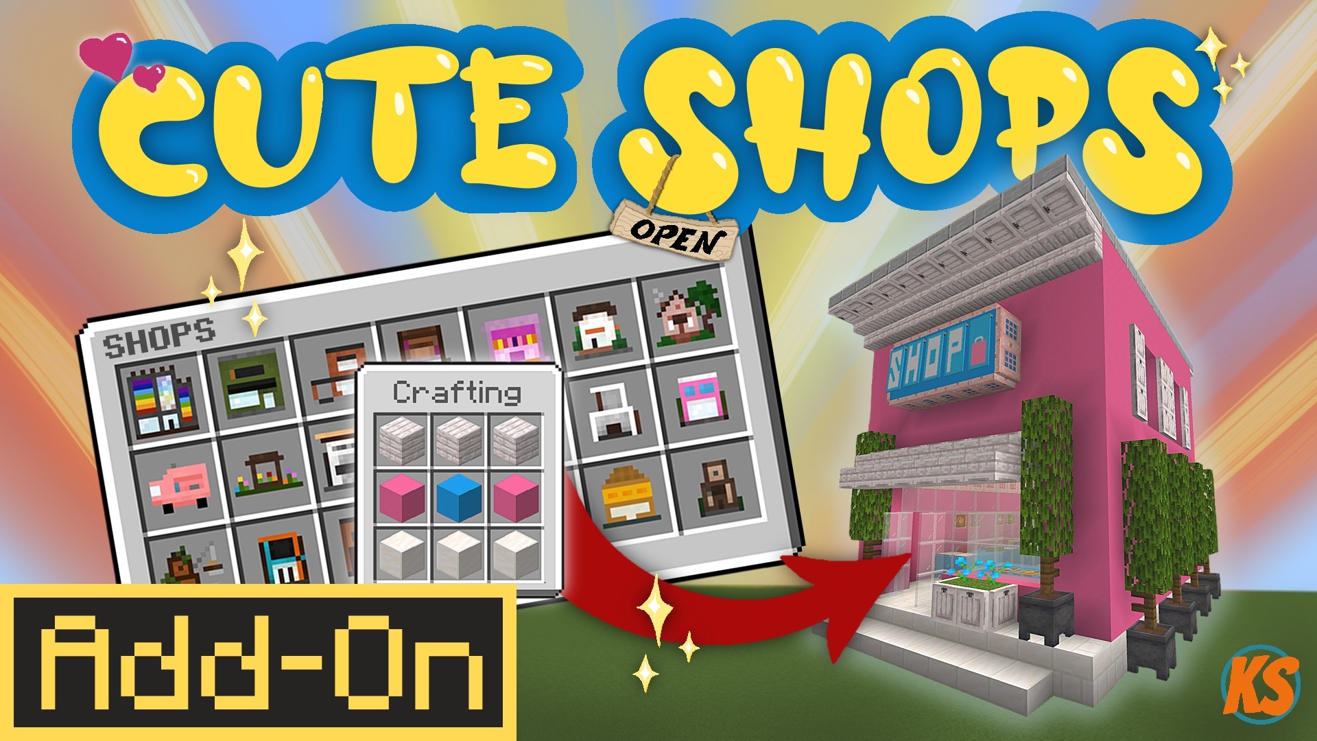 Cute Shops add-on key art featuring shop-themed blocks and decorations, with a pink storefront and crafting interface preview.