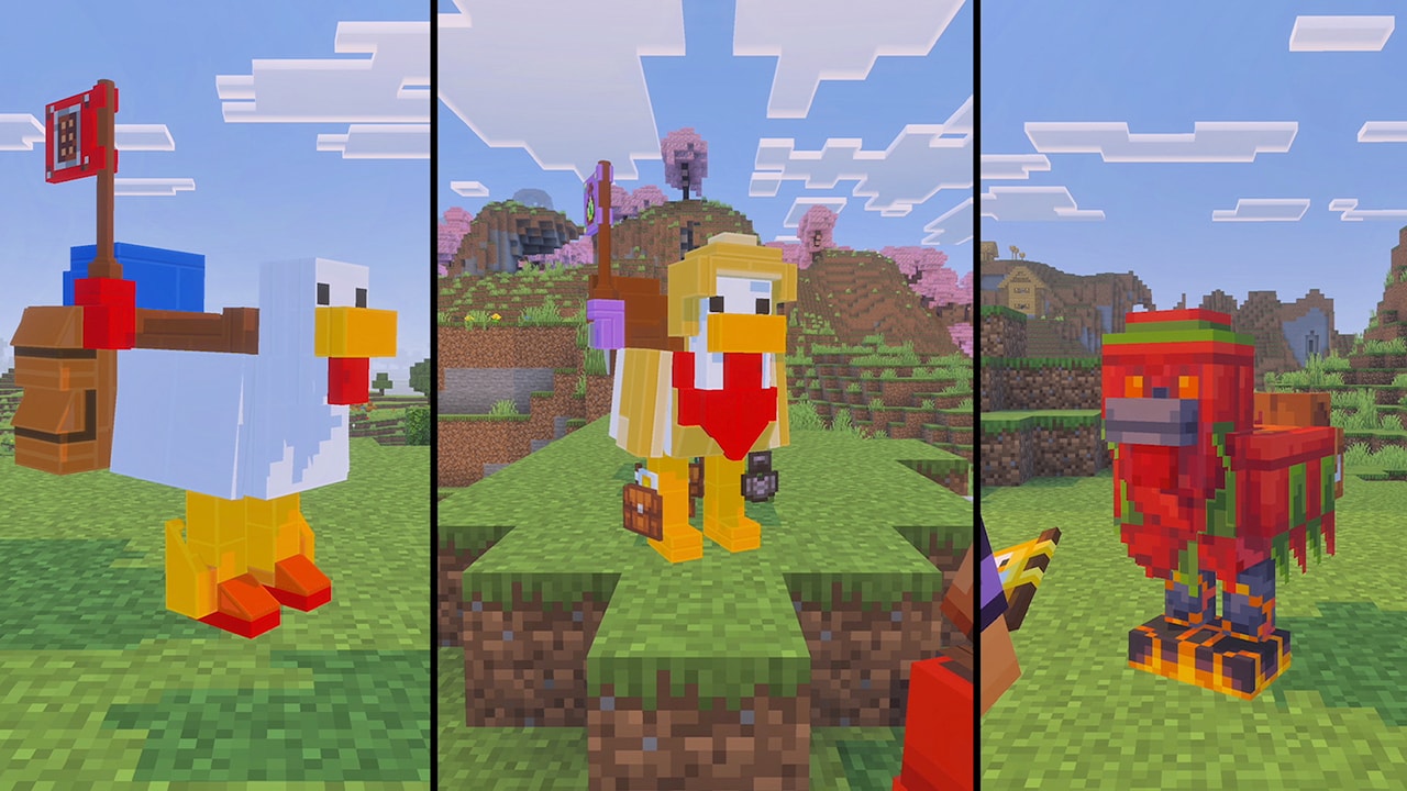 An image of three LEGO chickens in Minecraft