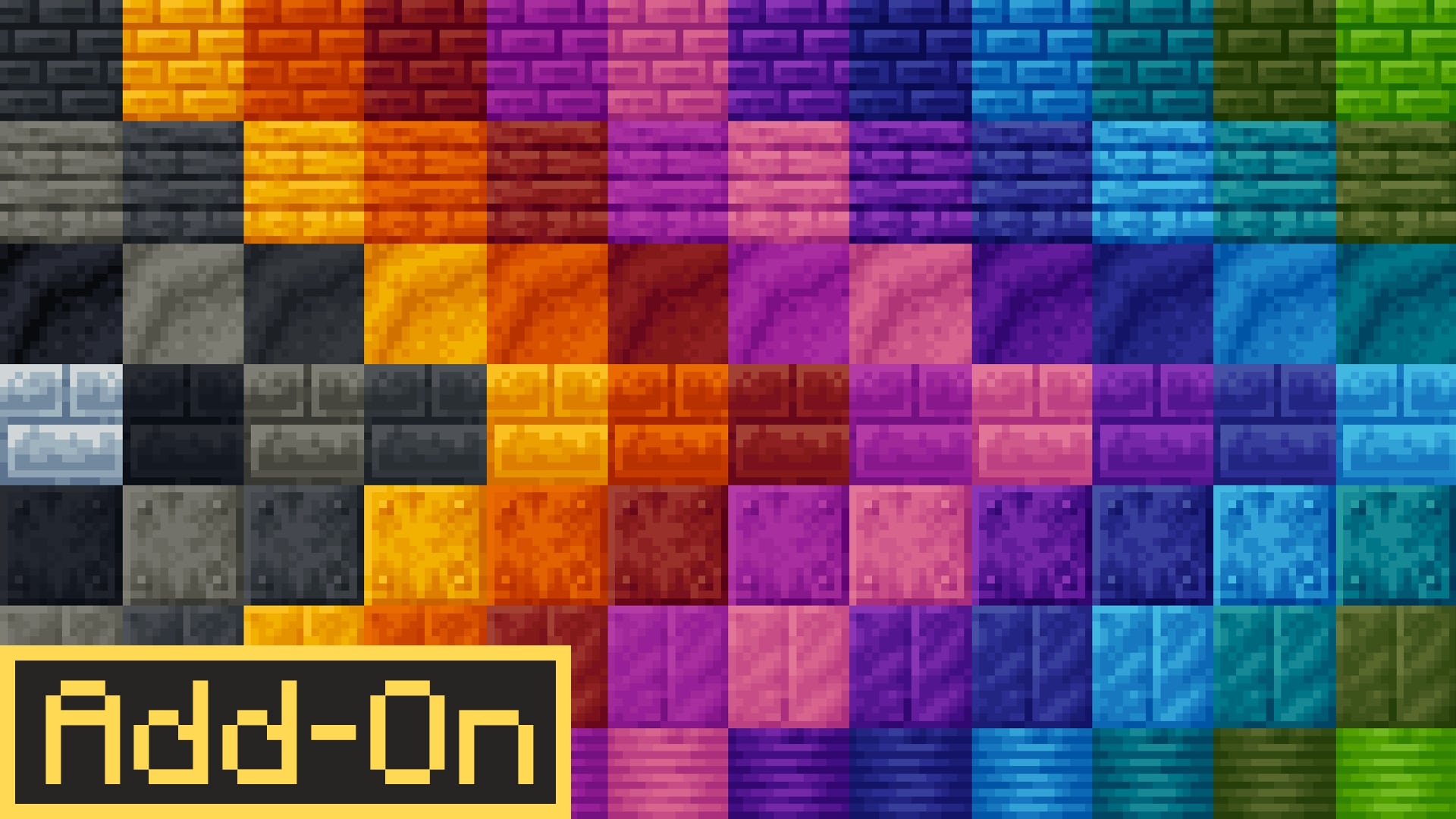 Promotional image featuring rows of brightly colored dyed block variants arranged in a rainbow palette.