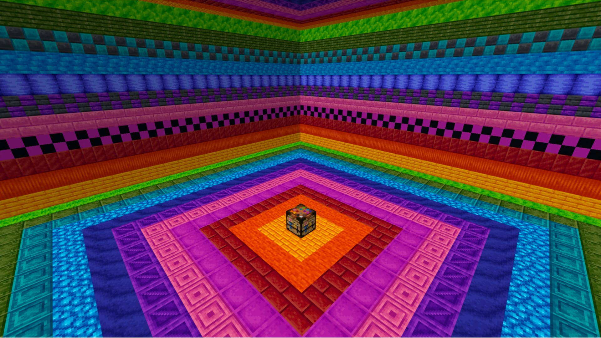 A room built from vividly colored dyed blocks forms concentric rainbow patterns around a central crafting table.