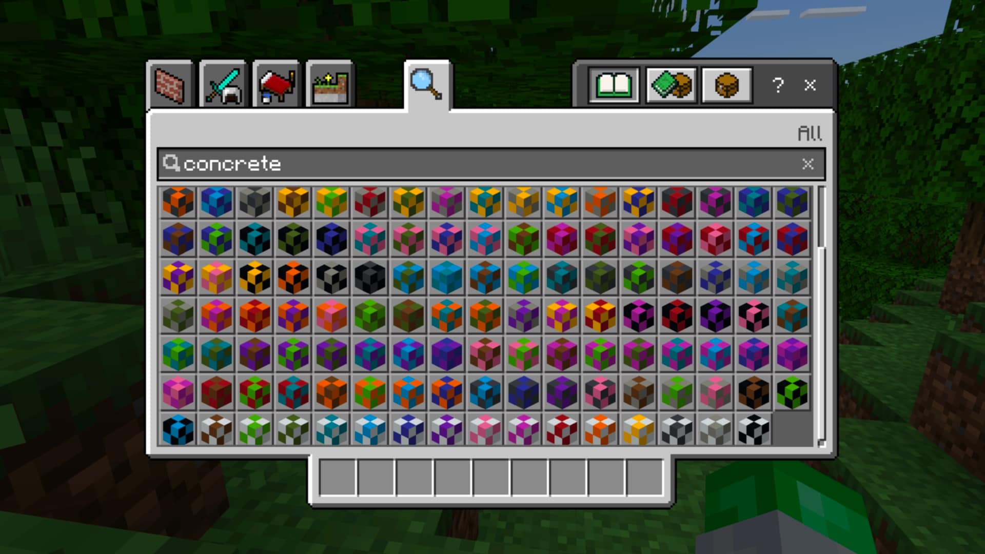 The Creative inventory shows a large selection of colorful dyed concrete blocks and variants.