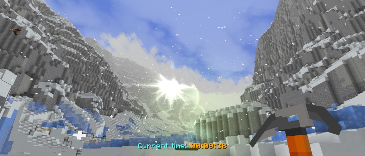 Snowy mountain valley at sunrise with steep icy cliffs, drifting snowflakes, and bright sun glare in the distance