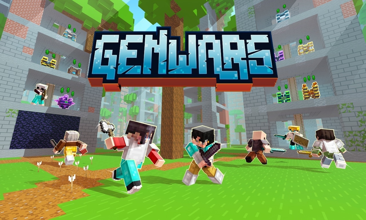 Minecraft players battle around towers with generators in GenWars, running, fighting, and raiding in a fast-paced PvP scene.