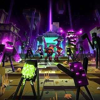 Mørkt Minecraft Dungeons-sceneri med helte, der svinger med våben, omgivet af lysende Endermen og andre fjender i et mystisk, neonoplyst miljø.