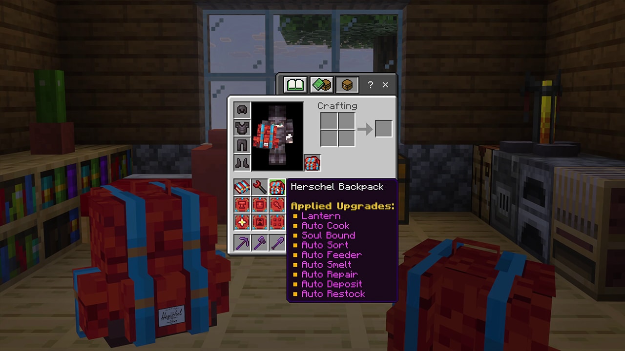 Several Herschel backpacks sit inside a wooden Minecraft house while the inventory screen displays a backpack upgraded with multiple storage and automation abilities.