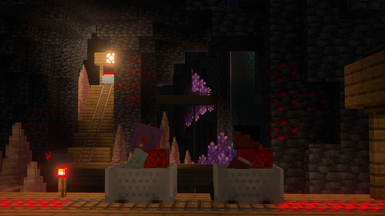 Two players ride minecarts through a crystal-filled cave, carrying Herschel backpacks while exploring underground tunnels.