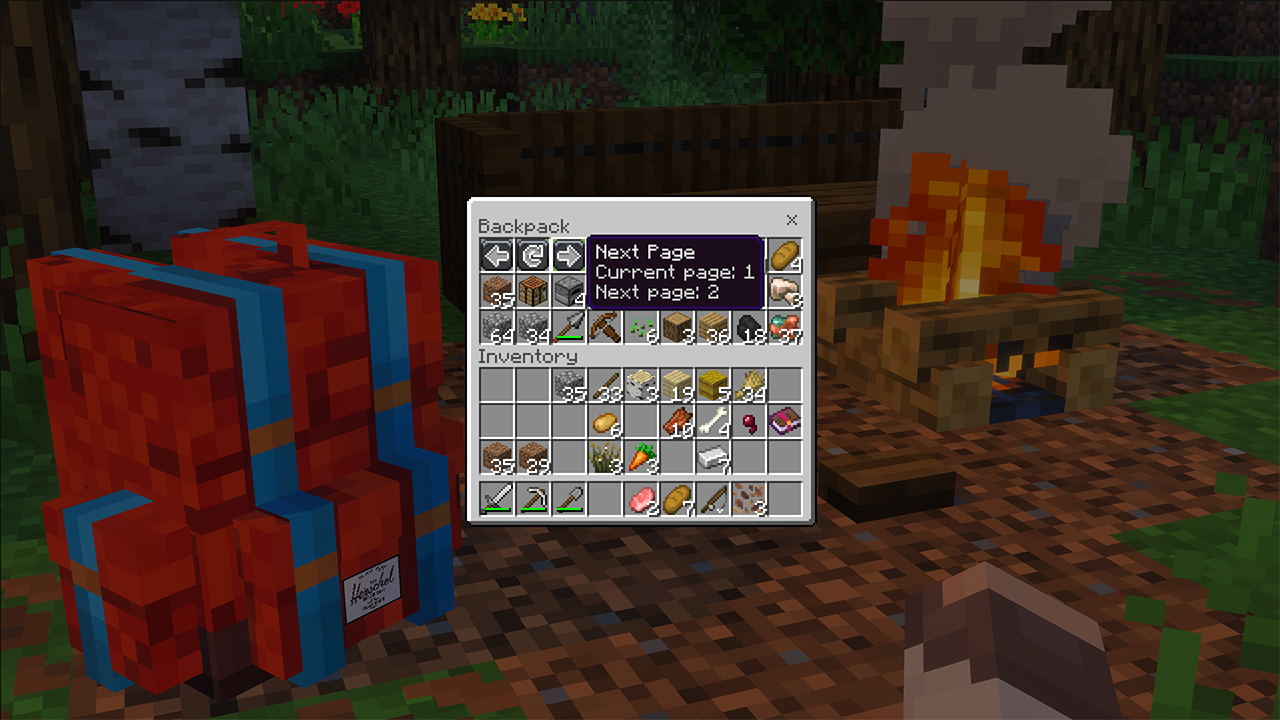 A Herschel backpack stands beside a campfire in a forest as its storage interface shows collected survival supplies and resources.