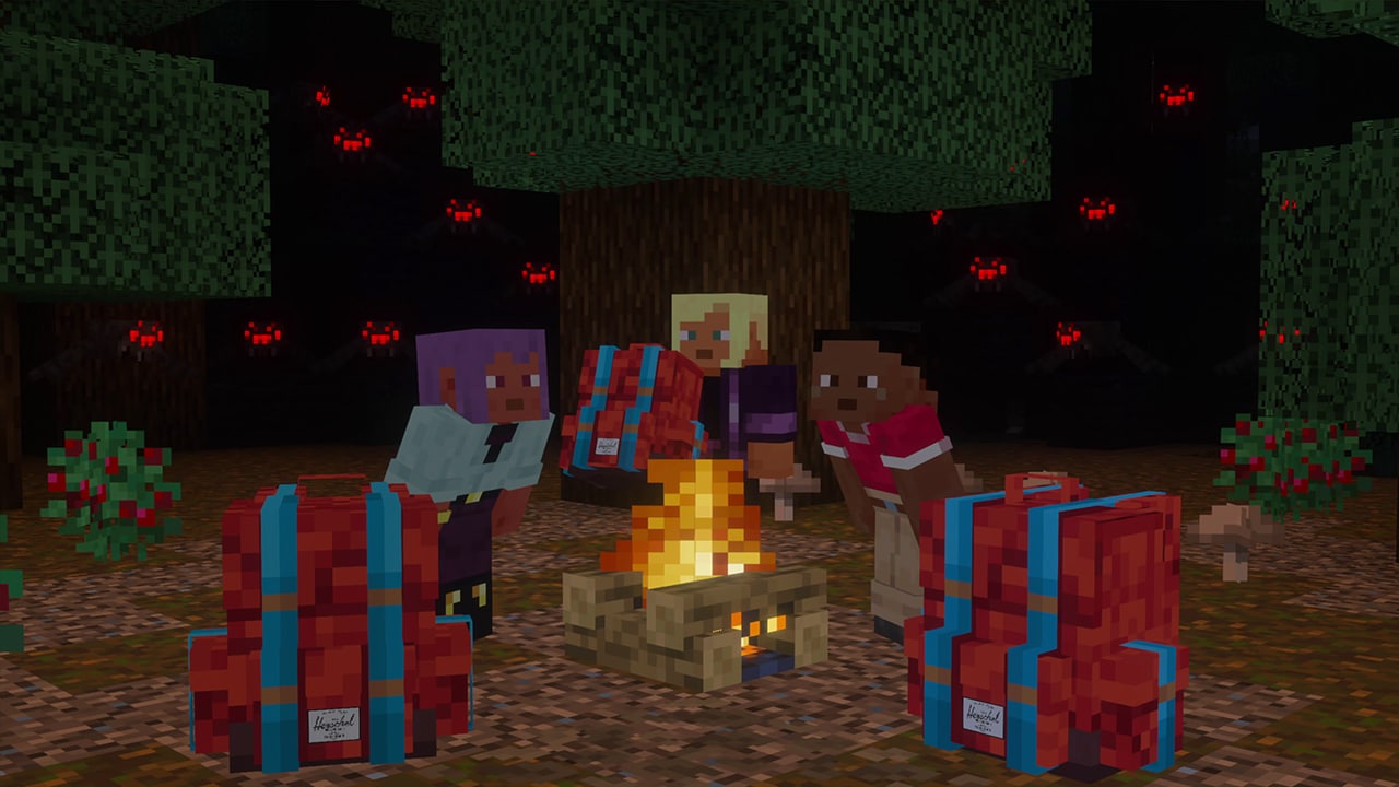 Three Minecraft adventurers gather around a campfire surrounded by spiders in a dark forest, with Herschel backpacks.