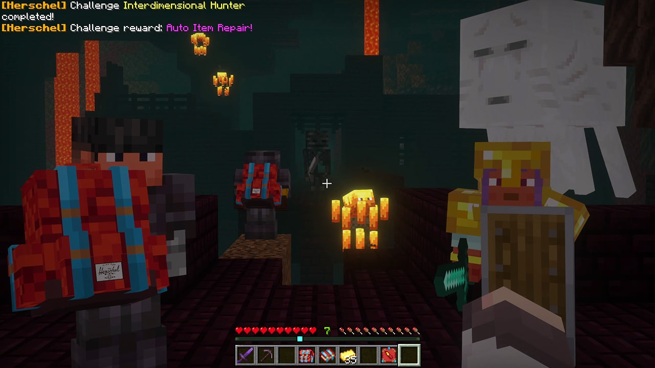 Players wearing Herschel backpacks face hostile mobs inside a Nether fortress while unlocking a backpack upgrade reward.