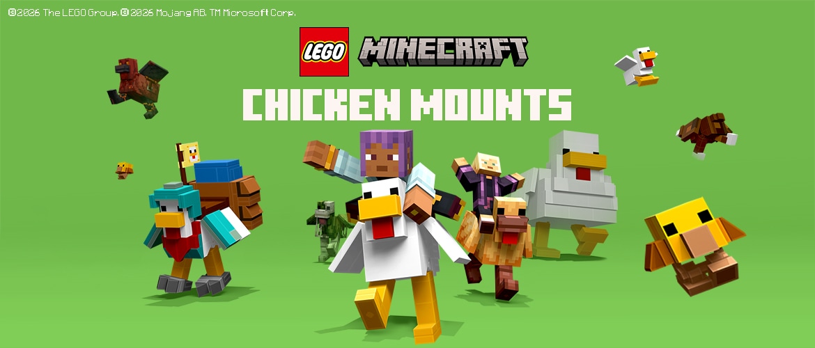 An image of a variety of LEGO chicken mounts ridden by Minecraft players on a green background with the LEGO Minecraft Chicken Mounts logo